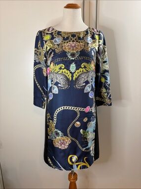 Tibi Navy Shift Dress with Gold Chain & Multicolor Floral Accents 6